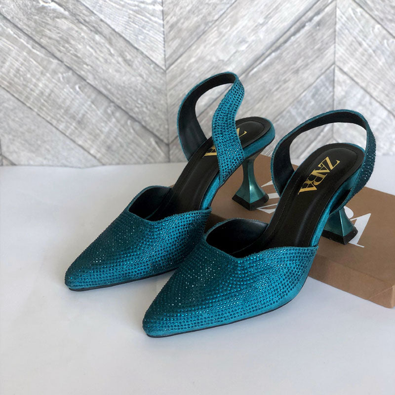Rhinestone Pointed Toe Pumps Slingback Velvet Heels Z-10407