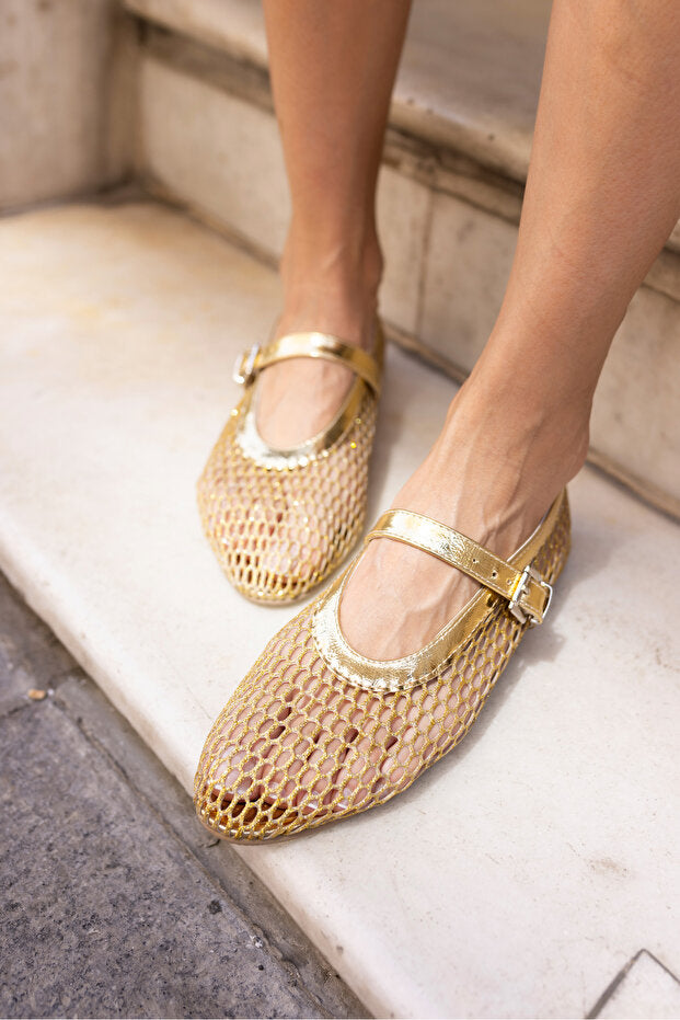 Gold Fishnet Ballet Flats