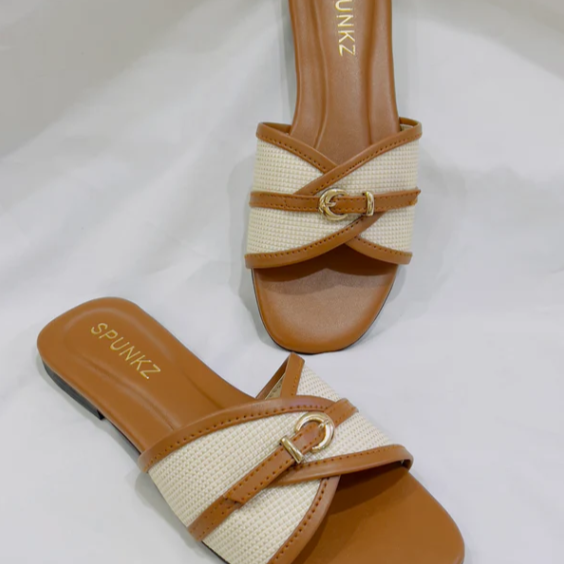 Casual Woven Flat Slides with Gold Buckle