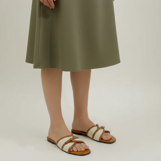 Casual Woven Flat Slides with Gold Buckle