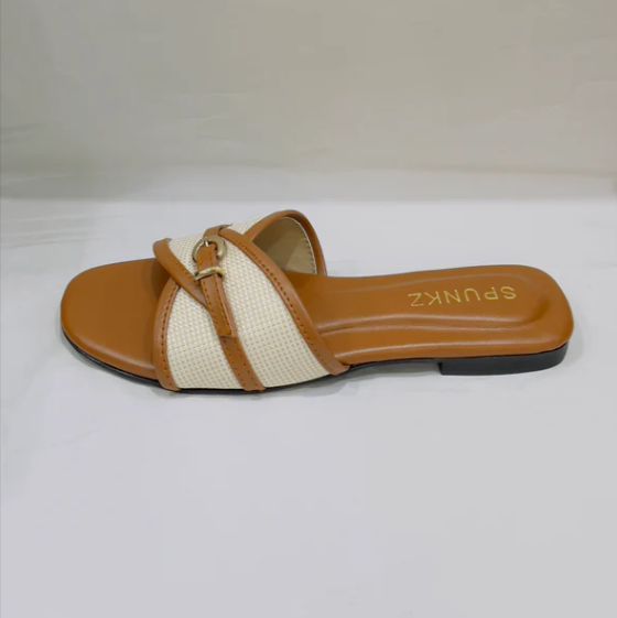 Casual Woven Flat Slides with Gold Buckle