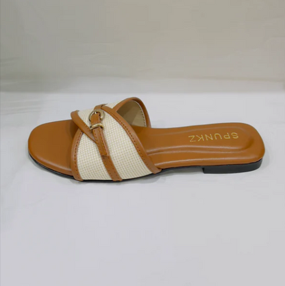Casual Woven Flat Slides with Gold Buckle