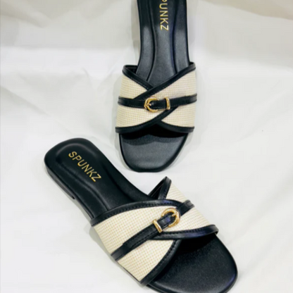 Casual Woven Flat Slides with Gold Buckle