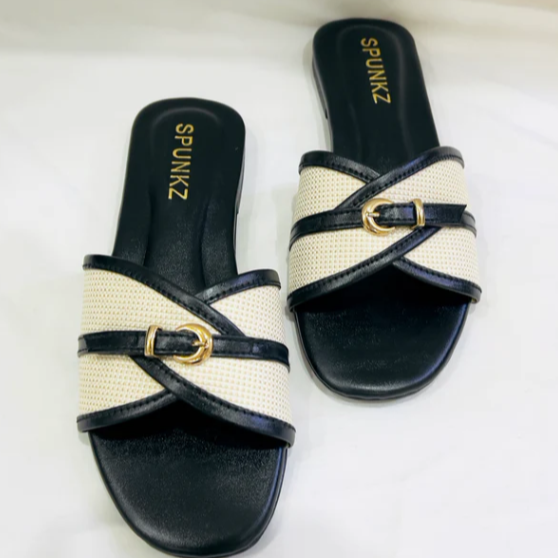 Casual Woven Flat Slides with Gold Buckle
