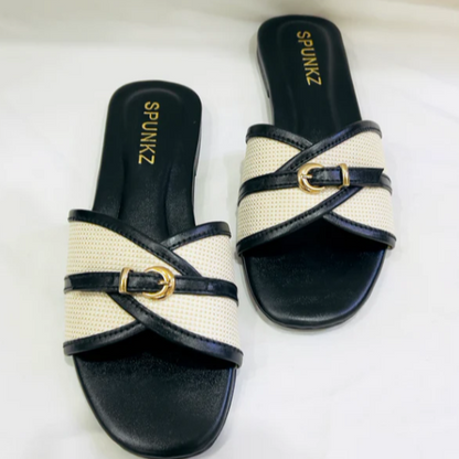 Casual Woven Flat Slides with Gold Buckle