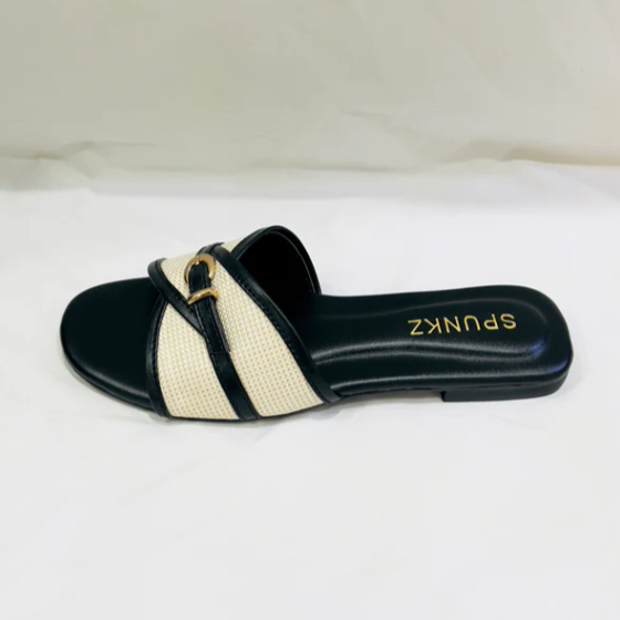 Casual Woven Flat Slides with Gold Buckle