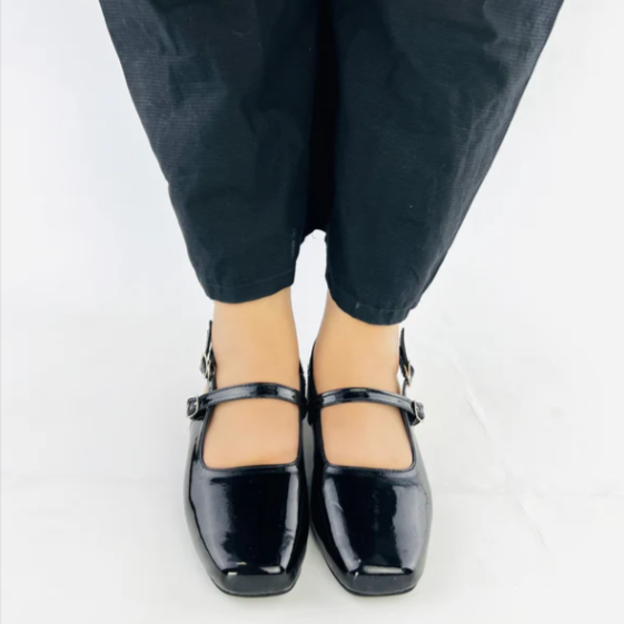Glossy Black Pointed-Toe Strap Pumps