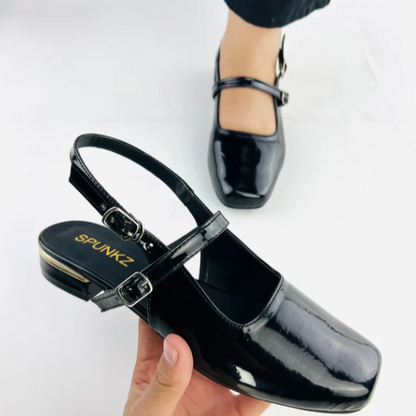 Glossy Black Pointed-Toe Strap Pumps