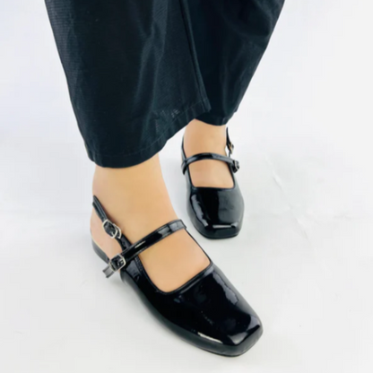 Glossy Black Pointed-Toe Strap Pumps