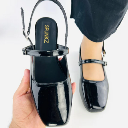 Glossy Black Pointed-Toe Strap Pumps