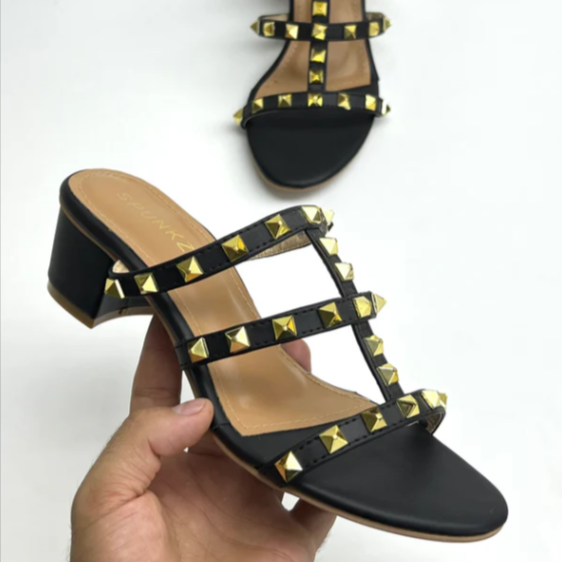 Women's Trendy Gold Studded Mid Heel Mules