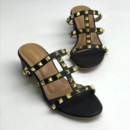 Women's Trendy Gold Studded Mid Heel Mules