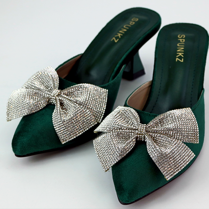 Women Velvet Pumps Pointed Toe Rhinestone Mesh Bow Thin Low Heels