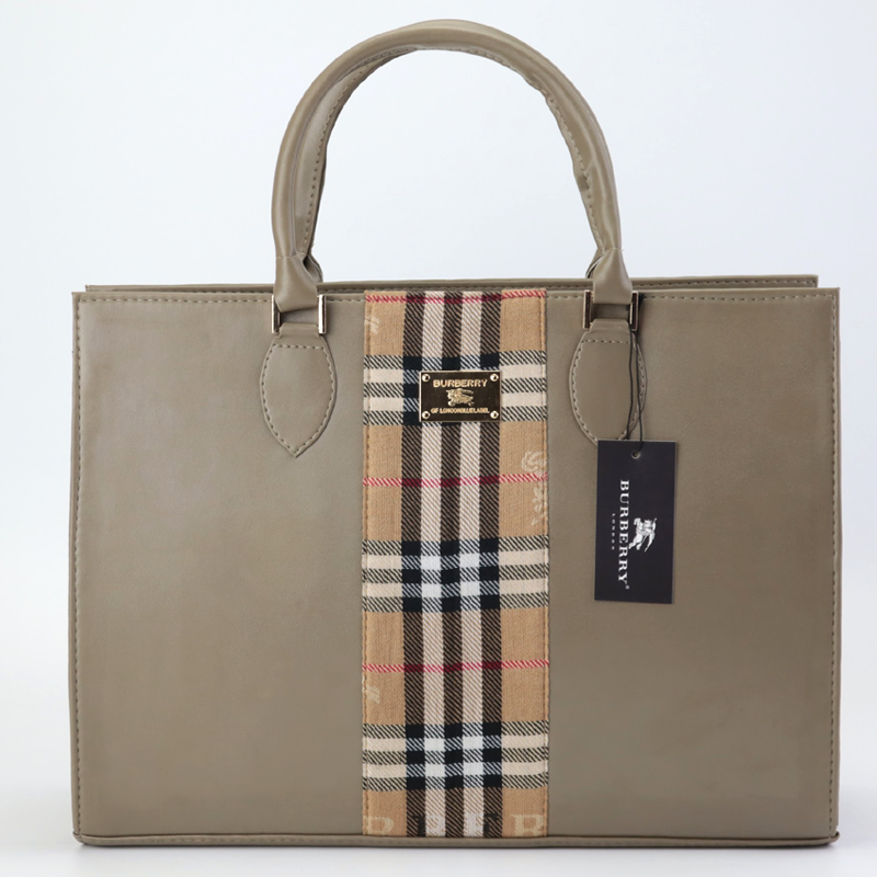 Burberry Check Fabric Leather Large Tote Bag