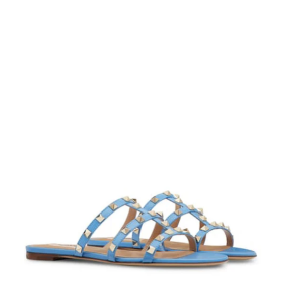 Edgy Studded Cage Flat Sandals | Sky Blue & NUDE Slippers