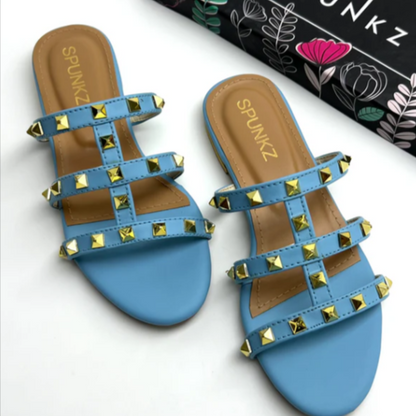 Edgy Studded Cage Flat Sandals | Sky Blue & NUDE Slippers