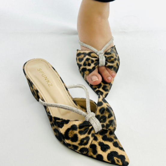 Cheeta Print Mules with Rhinestone Bow - Women's Pointed Toe Slip-On Heels