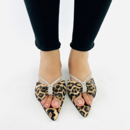 Cheeta Print Mules with Rhinestone Bow - Women's Pointed Toe Slip-On Heels