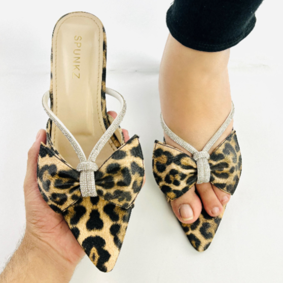 Cheeta Print Mules with Rhinestone Bow - Women's Pointed Toe Slip-On Heels