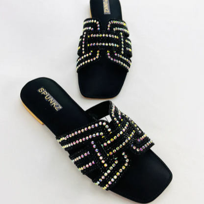 Embellished H-Strap Sandals with Multi-Color Crystals