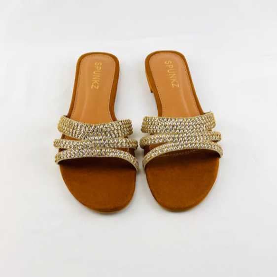 Crystal Embellished Flat Sandals – Stylish Slip-On Slippers for Women