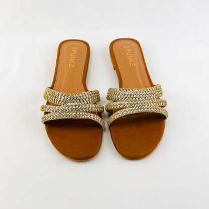 Crystal Embellished Flat Sandals – Stylish Slip-On Slippers for Women