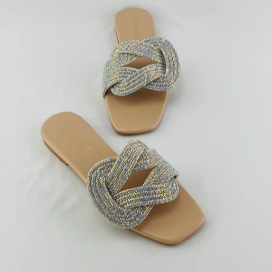 Glamorous Iridescent Crystal Braided Sandals