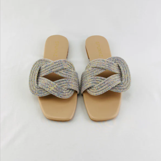 Glamorous Iridescent Crystal Braided Sandals