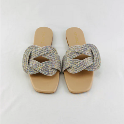 Glamorous Iridescent Crystal Braided Sandals