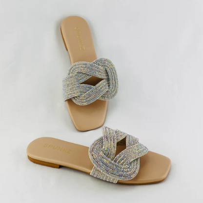 Glamorous Iridescent Crystal Braided Sandals
