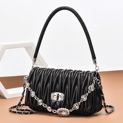 Ladies Diamond Fancy Crinkled Quilted Shoulder Bag – PU Leather Rhinestone Chain Crossbody Bag Wallet Handbag