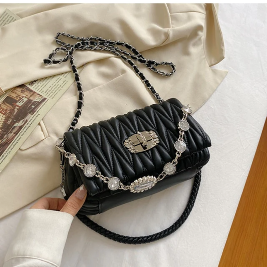 Ladies Diamond Fancy Crinkled Quilted Shoulder Bag – PU Leather Rhinestone Chain Crossbody Bag Wallet Handbag