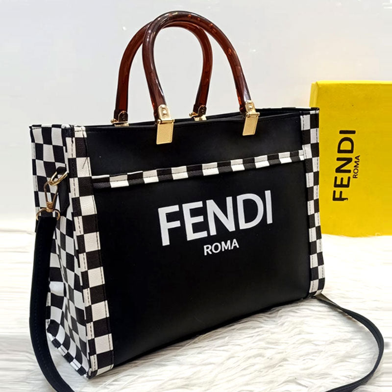 FE Black and White Check Medium Tote Bag