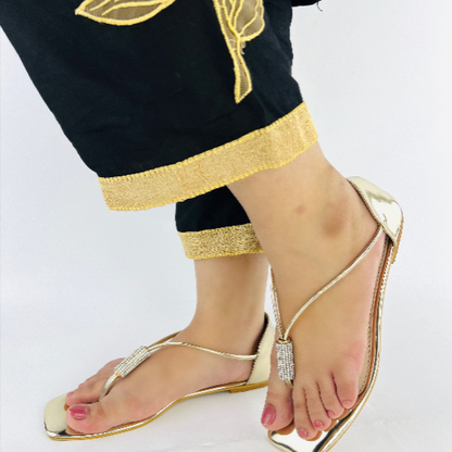 Women’s Gold Flat Sandals – Rhinestone Embellished Slip-On Dressy Flats