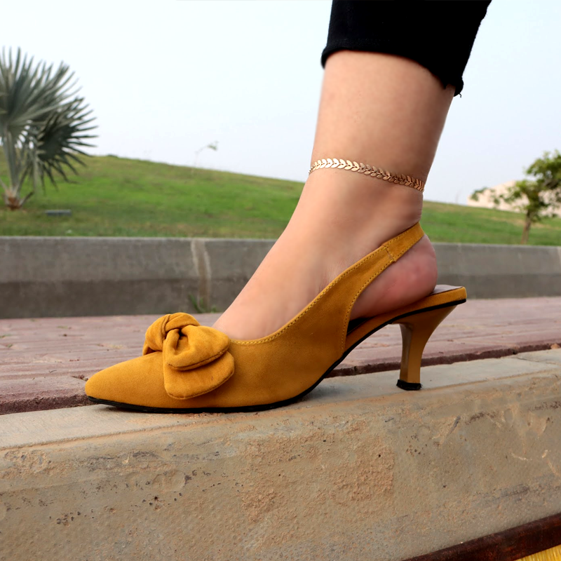 Sueded Heel Kitten Bow Slip On Shallow Pumps Price in Pakistan