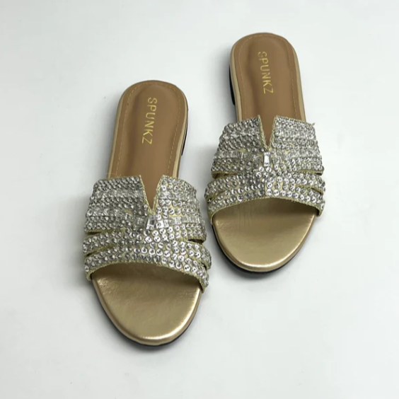 Glamour Golden Rhinestone Slides | Women's Crystal Flat Sandals