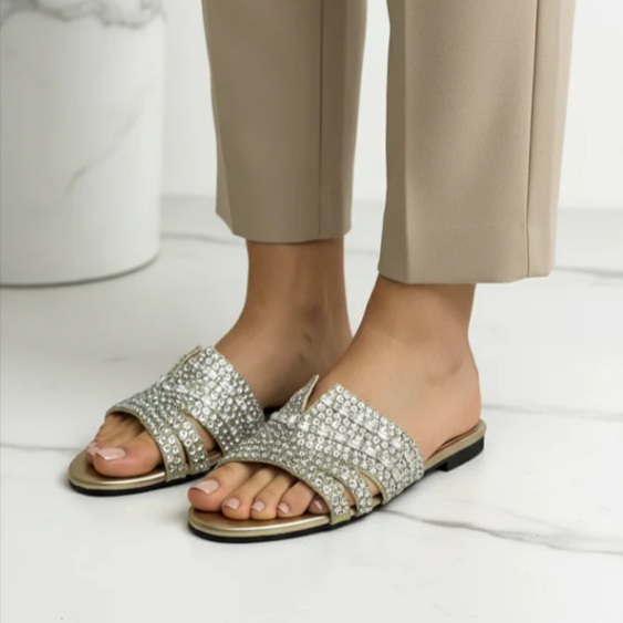 Glamour Golden Rhinestone Slides | Women's Crystal Flat Sandals