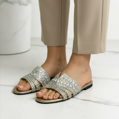 Glamour Golden Rhinestone Slides | Women's Crystal Flat Sandals
