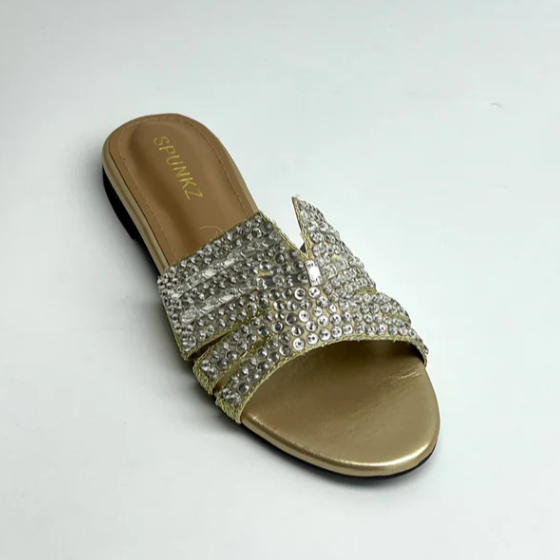 Glamour Golden Rhinestone Slides | Women's Crystal Flat Sandals