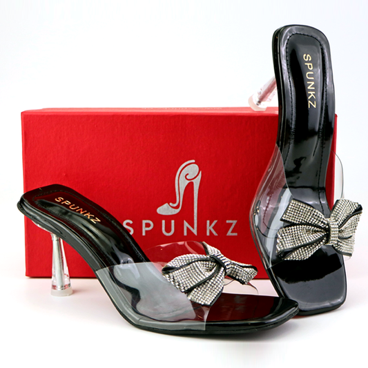 Spunkz Women Sandals Mesh Bow Clear Thin Heels Transparent Shoes