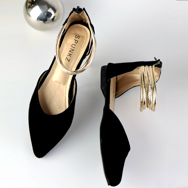 Gold Ankle-Strap Pointed Toe Velvet Flats Pump Shoes