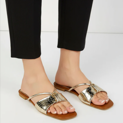 Metallic Croc-Embossed Twist Strap Sandals