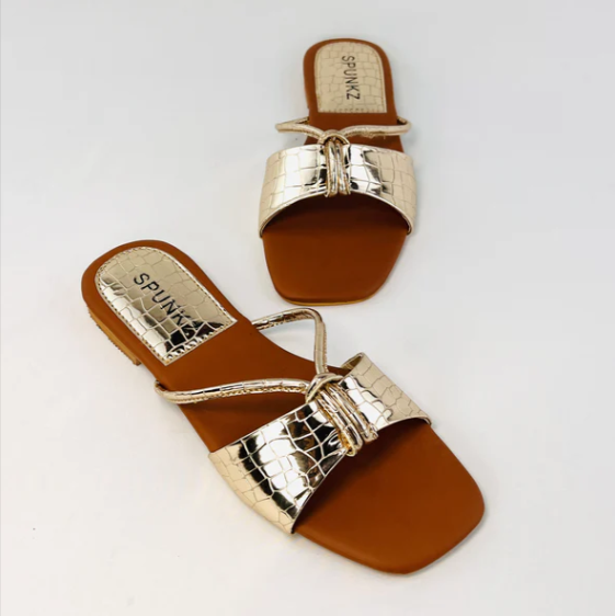 Metallic Croc-Embossed Twist Strap Sandals