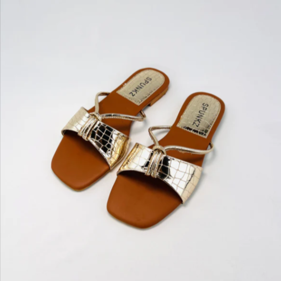 Metallic Croc-Embossed Twist Strap Sandals