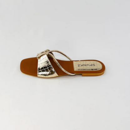 Metallic Croc-Embossed Twist Strap Sandals