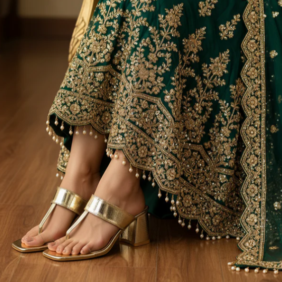 Golden Croc-Embossed Block Heels