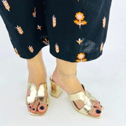 Women’s Gold Block Heel Sandals – Stylish Slip-On Heels for Party & Casual Wear