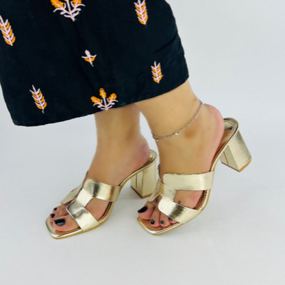 Women’s Gold Block Heel Sandals – Stylish Slip-On Heels for Party & Casual Wear