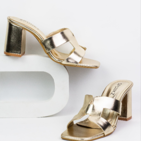 Women’s Gold Block Heel Sandals – Stylish Slip-On Heels for Party & Casual Wear