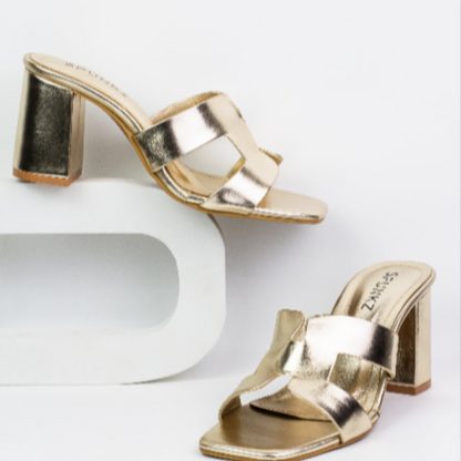 Women’s Gold Block Heel Sandals – Stylish Slip-On Heels for Party & Casual Wear